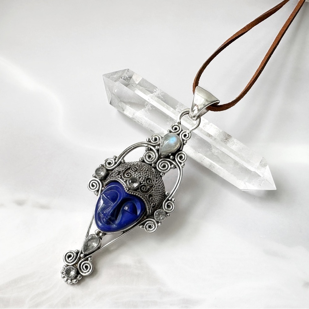 ARTISAN Silver Lapis And Rainbow Moonstone Gemstone Goddess Pendant Necklace